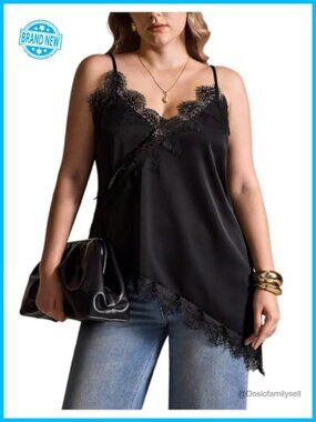 Women's Plus Size Lace Cami Top Spaghetti Strap V Neck Asymmetrical
